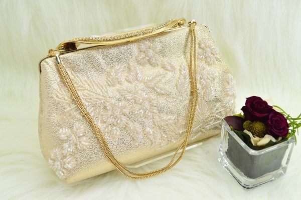 クリアグラスビーズ立体刺繍クラッチバッグライトゴールド747