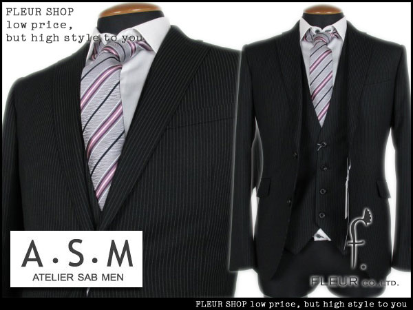 ■M361■アトリエサブメンASM 秋冬 ストライプ3ピーススーツM 黒