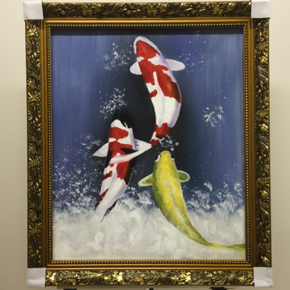 鯉の滝登り 肉筆保証 ゴールド額付き 絵画 油絵 鯉の滝登り 肉筆