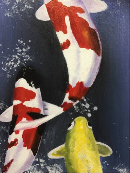 鯉の滝登り 肉筆保証 ゴールド額付き 絵画 油絵 鯉の滝登り 肉筆