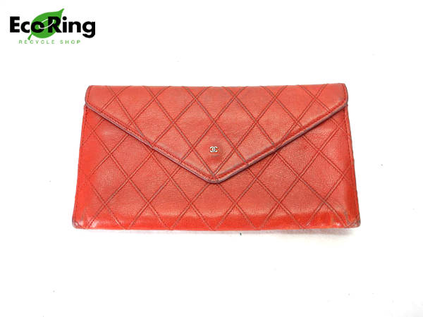 1円 シャネル ダブルステッチ 札入れ レッド AI192