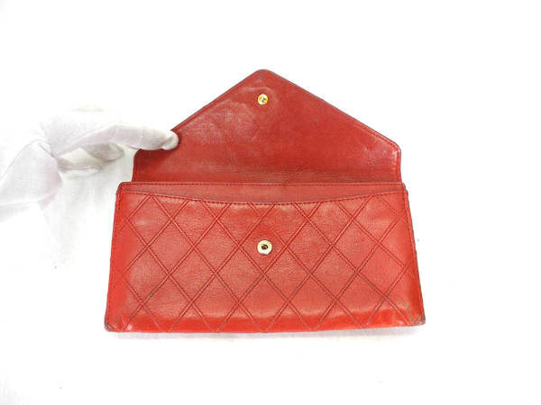 1円 シャネル ダブルステッチ 札入れ レッド AI192