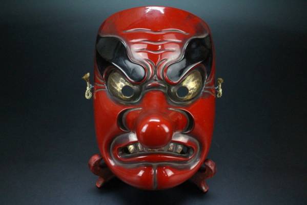 時代 伝統芸能 木彫 小天狗面 在銘 能面 漆面/彫刻/神楽/狂言 時代伝統