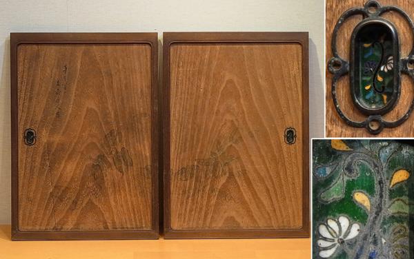 【七宝引手付古扉 一対】桑縁 肉筆絵 名有 骨董◆03