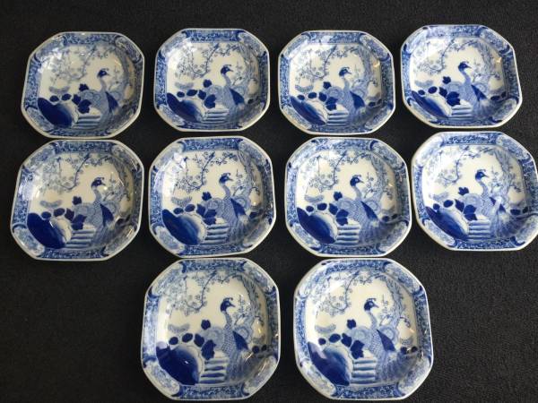 ◆蔵出品◆中国 古染付 孔雀 唐花草 8角皿 10客
