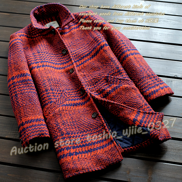 新品※SHIENMIX*メンズ千鳥チェック ウール コート 赤 M/重厚