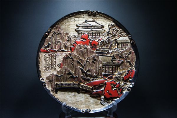 【遊】中國明代 鍍金漆器 在銘風景図大皿 23cm 0.64kg 0324