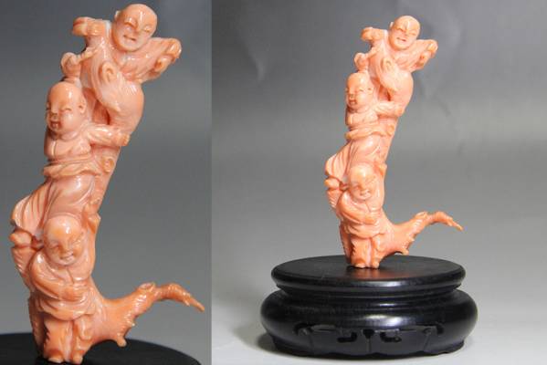 ★珊瑚彫刻 置物 童子 台座付 / 中国美術