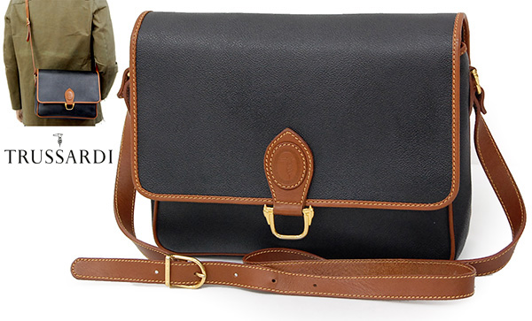 上質美品 伊製 トラサルディ 牛革 x PVCレザー ショルダーバッグ