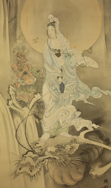 掛軸・書画 【龍上観音図】 仏画 絹本肉筆 y622 仏画 美術品 掛軸 北条裕