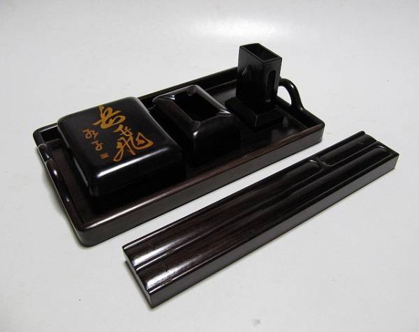 煙草道具、セット唐木 D0104）銀製品 銀縁唐木煙草盆一式 ボンボ