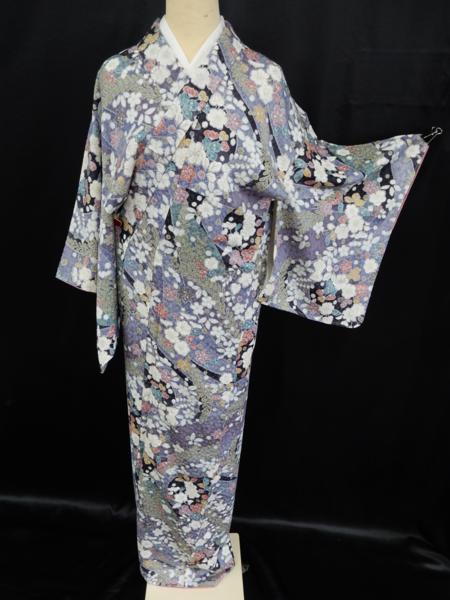 A86愛華 着物 小紋　辻ヶ花　単衣　縮緬　正絹　身丈160cm 辻が花 小紋 錦ヱ門 辻が花 小紋 正絹 紫 着物 可愛い 身丈159cm