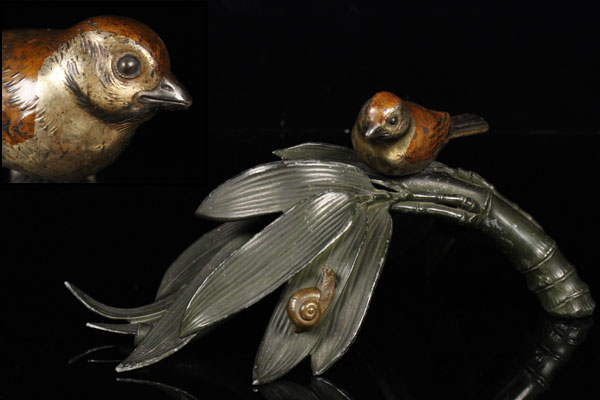 【彩葉】古き時代 古銅 竹蝸牛文鳥置物 古美術品 i