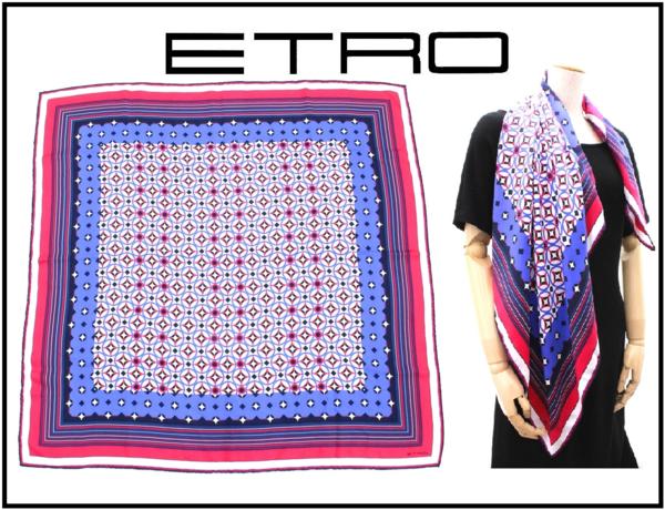 5万新品◇【ETRO】エトロ 青白ピンク幾何学シルク大判スカーフ ETRO