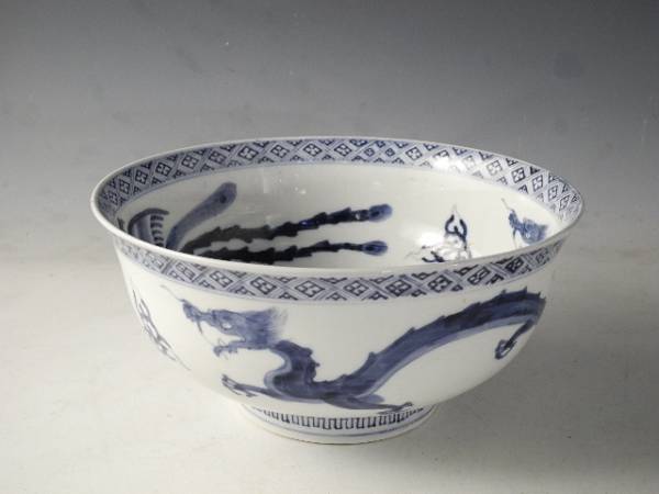 ◇栄◇古伊万里 染付 龍 鳳凰 飾鉢 無傷完品 江戸期 37n21 日本の陶磁