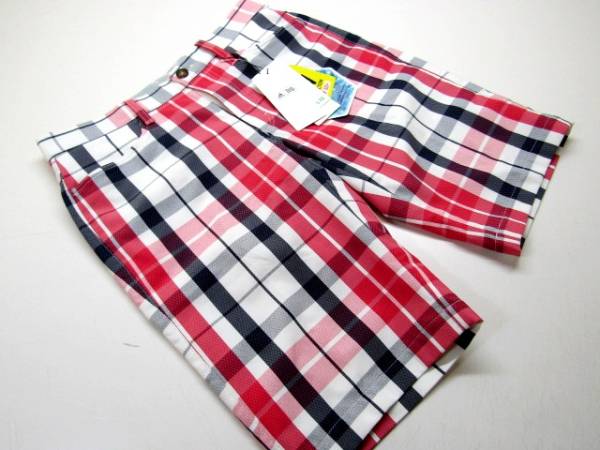 ◆アディダスgolf.UVストレッチチェックハーフパンツ/82赤新品◆
