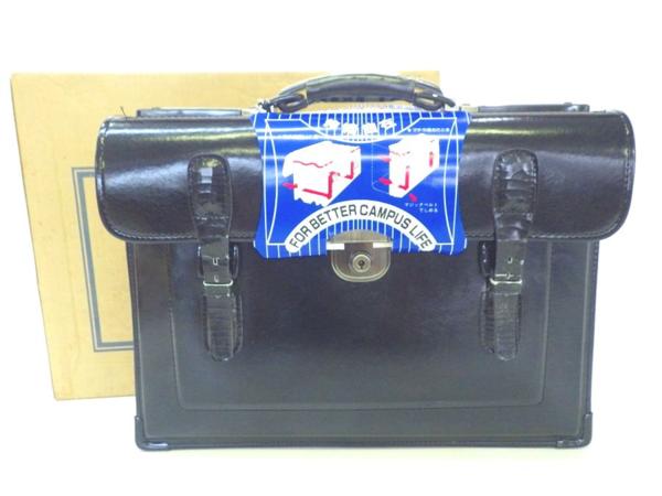 N244◆未使用 学生カバン 合皮 黒 鍵付 昭和レトロ 当時物 鞄◆