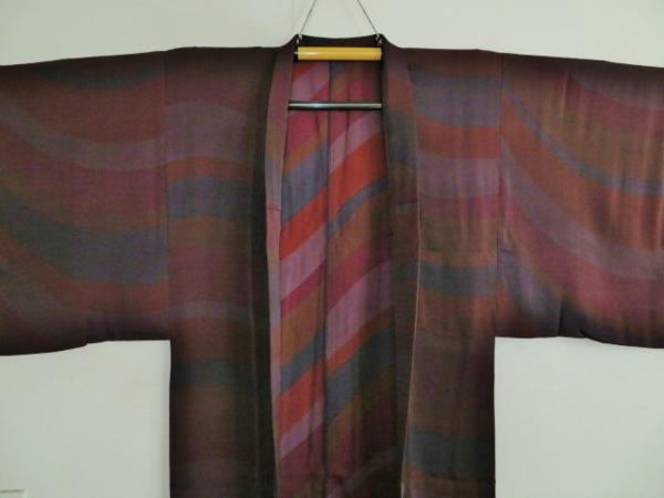 壱4875 本絹羽尺の男羽織 裄73丈117Кワインカラー濃淡曲線 新品