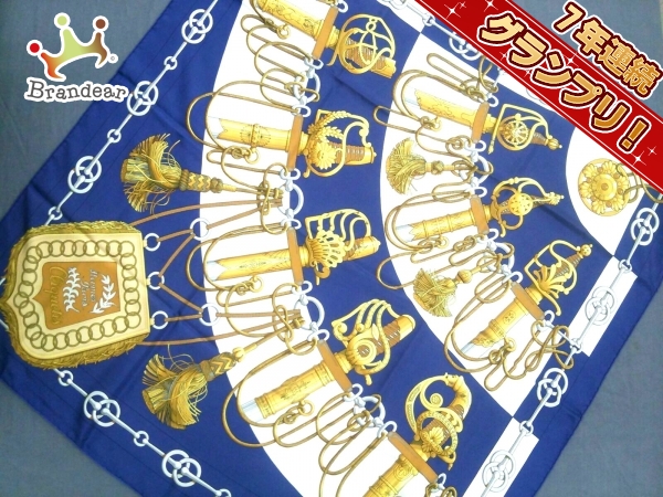 エルメス スカーフ 美品 カレ ネイビー×ゴールド×マルチ 軍旗