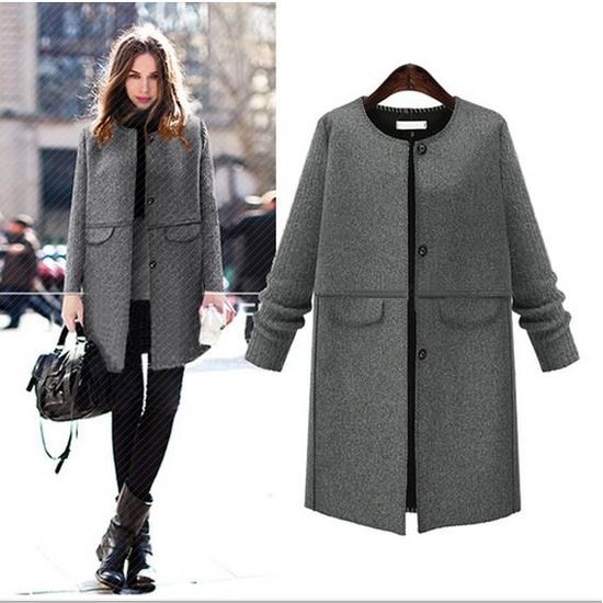 ニットとフラノ異素材ミックスノーカラーコート 3L/濃グレー