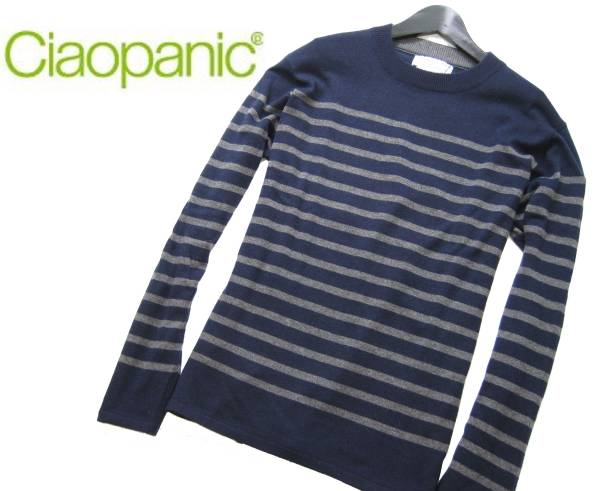 新品▼チャオパニック ボーダー柄 クルーネックニット(L)43382