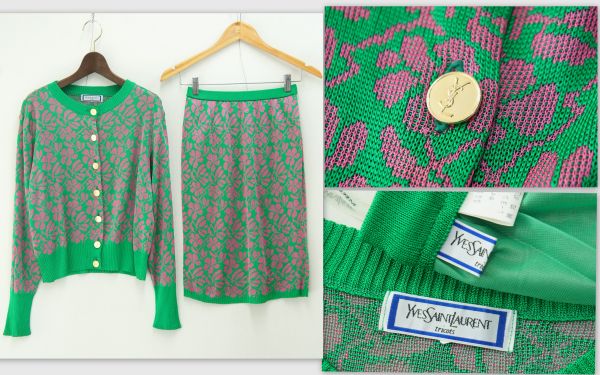 F544イヴサンローラン*フラワー柄/ニットカーディガン×スカート