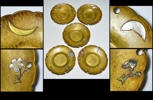 【GMS】内山大助(寿政)造銅製雪月花紋金銀象嵌茶托五客 特別出品