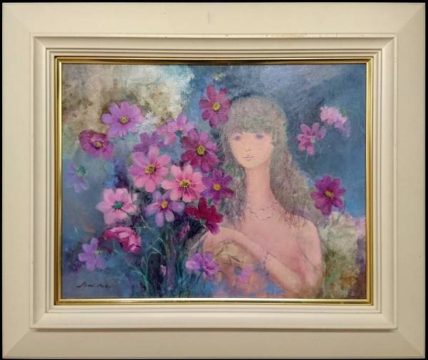 女性人物画 油彩画風 紫の帽子 花 静物 美人画 額装 絵画⁄人物画⁄ルノアール[帽子の女] オススメ！作者不詳「油彩画/人物画