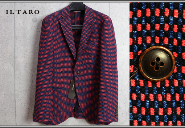 新品イルファーロILFAROツイードニットジャケットL赤黒紺6.3万