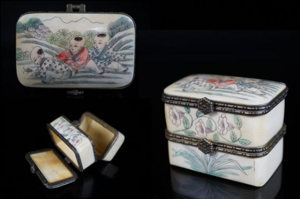 【五山】骨造三唐子遊戯図小物入　ｎ-86