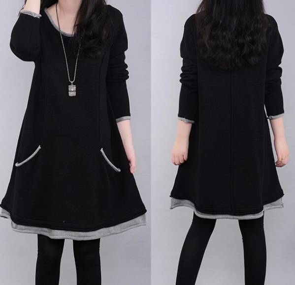 送料無料*4L～5L相当*裏起毛 シンプルワンピース 黒 グレー*即決