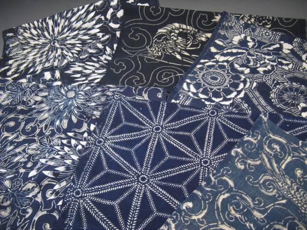 ◆古布　純綿藍型染めはぎれ６種　繕い有　長さ計約５ｍ３０ｃｍ