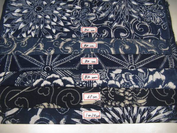 ◆古布　純綿藍型染めはぎれ６種　繕い有　長さ計約５ｍ３０ｃｍ