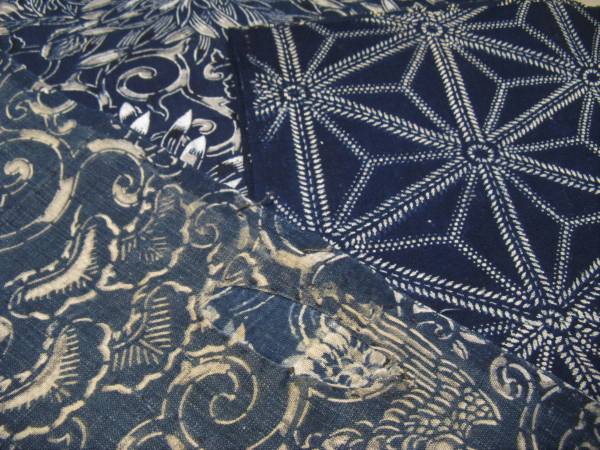 ◆古布　純綿藍型染めはぎれ６種　繕い有　長さ計約５ｍ３０ｃｍ