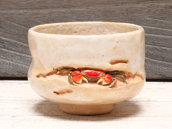 美品 水月焼 蟹彫細工 茶碗 茶器 蟹付き 共箱付き
