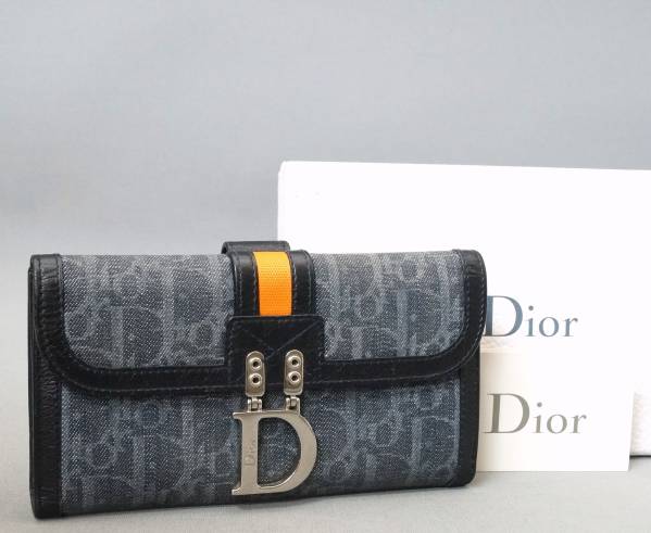 本物■ディオール■トロッター/デニム/ブラックレザー■長財布