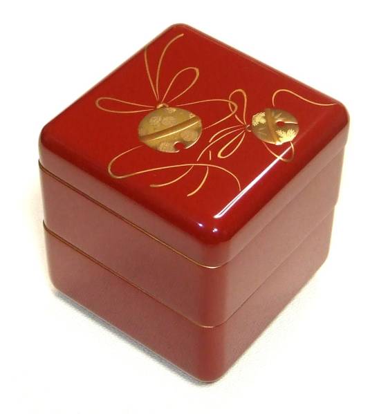 ★蒔絵の美★会津塗木製二段重箱 朱 鈴蒔絵★手塗 国産 現品限