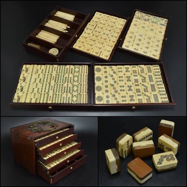 【萌】中国美術　竹嵌　骨牌　背竹牌　麻雀牌　唐木箱付　IRXA