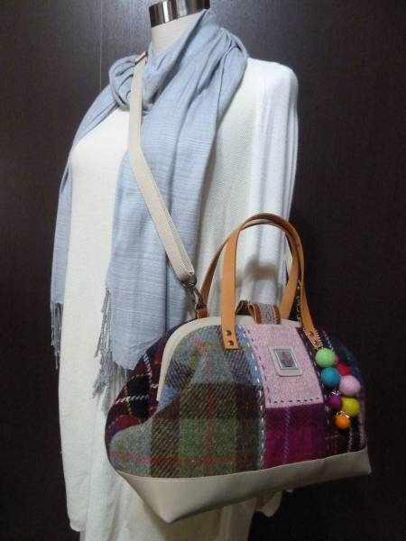 即決*ハンドメイド*本革＆ハリスツイードがま口バッグ３way④
