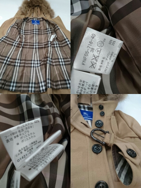 バーバリー ひなの着 バーバリーブルーレーベル ファー付フード コート