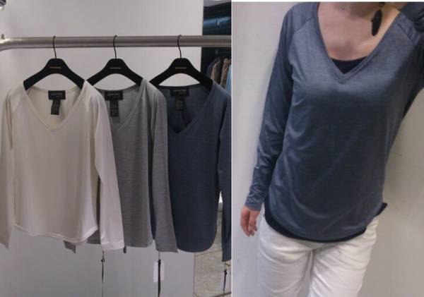 美品 ダブルスタンダードクロージング Sov. JACKYTEXシルクベア天竺 Ｖネック Ｔシャツ カットソー TOPブルー Ｆ インポート素材