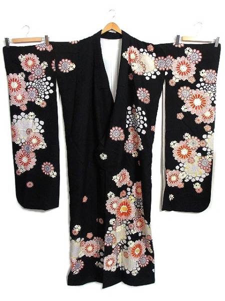美品 クイーンサイズ 花ぼかし 振袖 黒 振袖（正絹） 総絞りの振袖