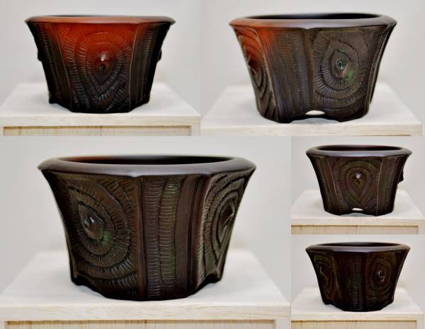 新作『特注品 共箱布付』不識庵素三の窯変木目細工の反縁丸形の約8，2㌢の鉢 ringo68686