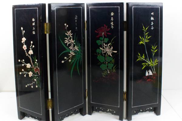 ミニ屏風 中国美術 宝石画 四季の花 ＜春明花笑＞ ＜夏暑風清＞ ＜秋耀