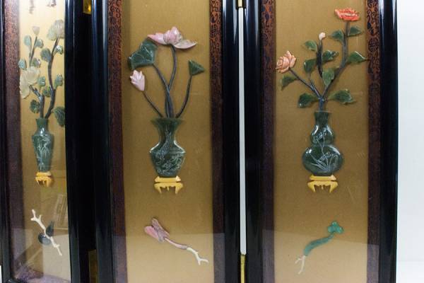 ミニ屏風 中国美術 宝石画 四季の花 ＜春明花笑＞ ＜夏暑風清＞ ＜秋耀
