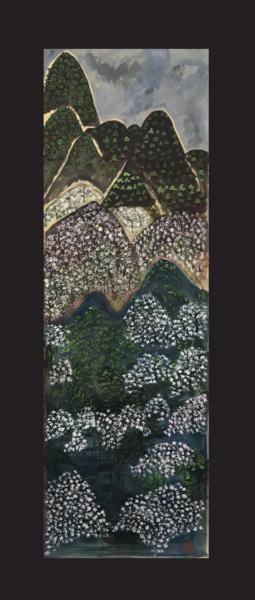 加山又造 「京都嵐山桜」 絹本 肉筆 共箱 陶器軸 京都 / 山本丘人師事