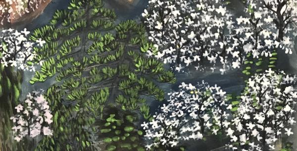 加山又造 「京都嵐山桜」 絹本 肉筆 共箱 陶器軸 京都 / 山本丘人師事