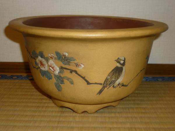 ◆白泥釘彫花鳥図丸鉢◆ 高級工藝大師 民国 中国宜興 文革 紫砂 孝仙