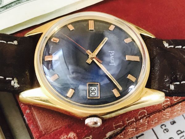 【美品】PIAGET(ピアジェ)★濃紺とゴールドの高級感 カレンダー ビックセコンドのアンティーク腕時計★本革 自動巻き 動作確認済み
