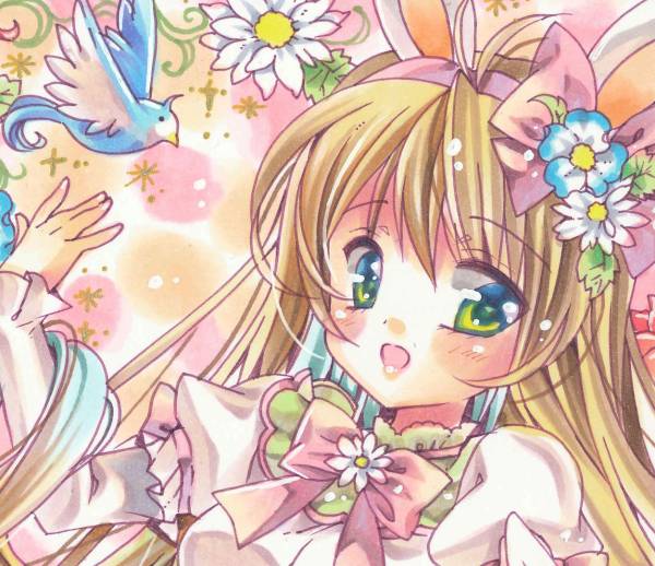 イースター オリジナル 女の子 手描きイラスト 春 ピンク 花 原画 創作